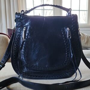 Rebecca Minkoff Black Leather Woven-Trim Crossbody Tote